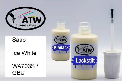 Saab, Ice White, WA703S / GBU: 20ml Lackstift + 20ml Klarlack - Set, von ATW Autoteile West.